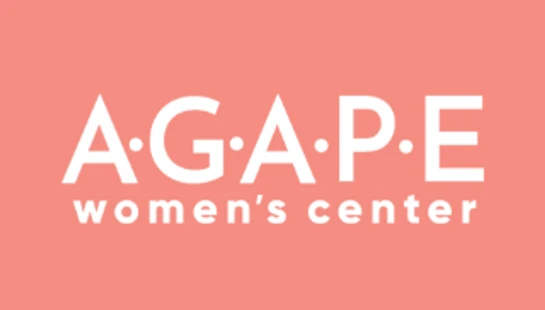 The logo for AGAPE Women's Center, featuring white text on a solid pink background. The word AGAPE is in all caps with dots between the letters.