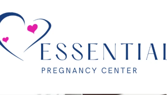 The logo for Essential Pregnancy Center, featuring a large blue heart with two smaller pink hearts inside next to the organization's name.