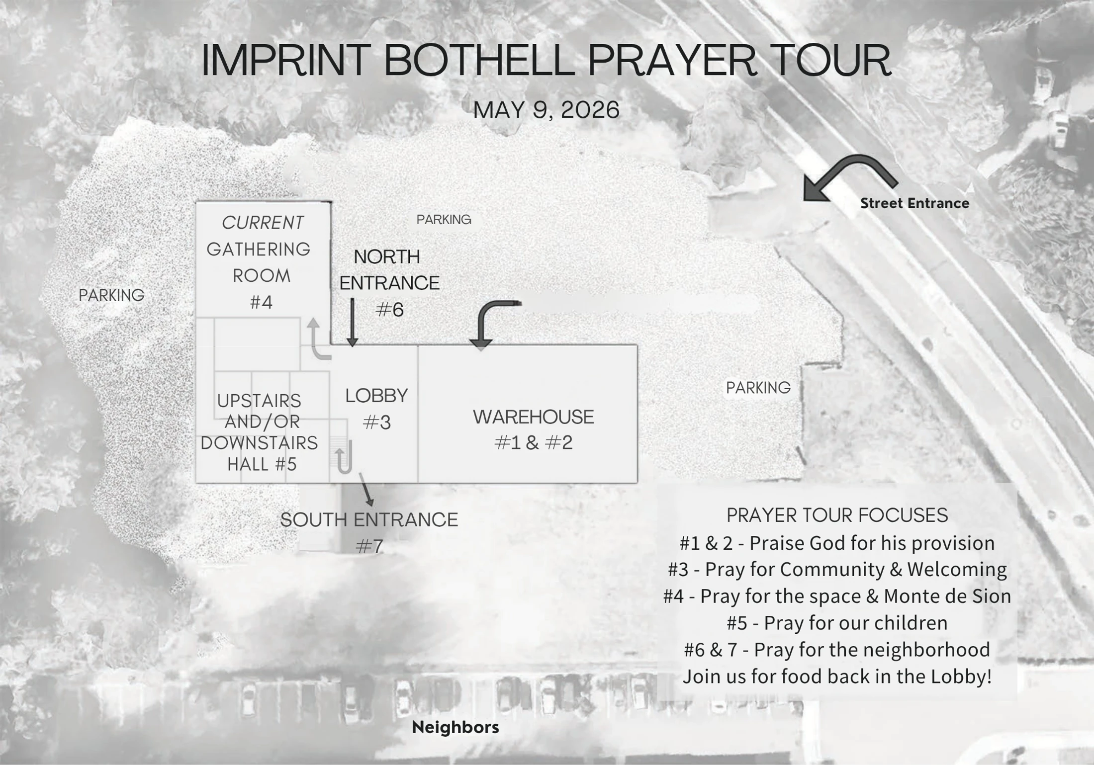A map for the Imprint Bothell Prayer Tour on May 9, 2026. It shows an aerial view of a building with a floor plan overlay and lists seven prayer focuses.