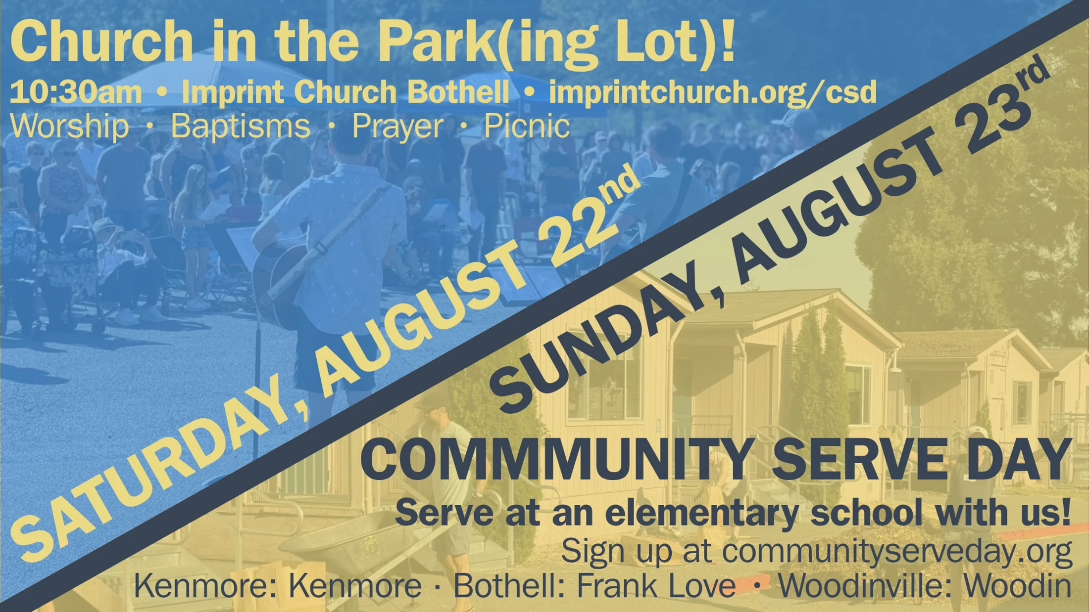 A promotional graphic for Imprint Church events: Community Serve Day on Saturday, August 22nd, and Church in the Park(ing Lot) on Sunday, August 23rd.