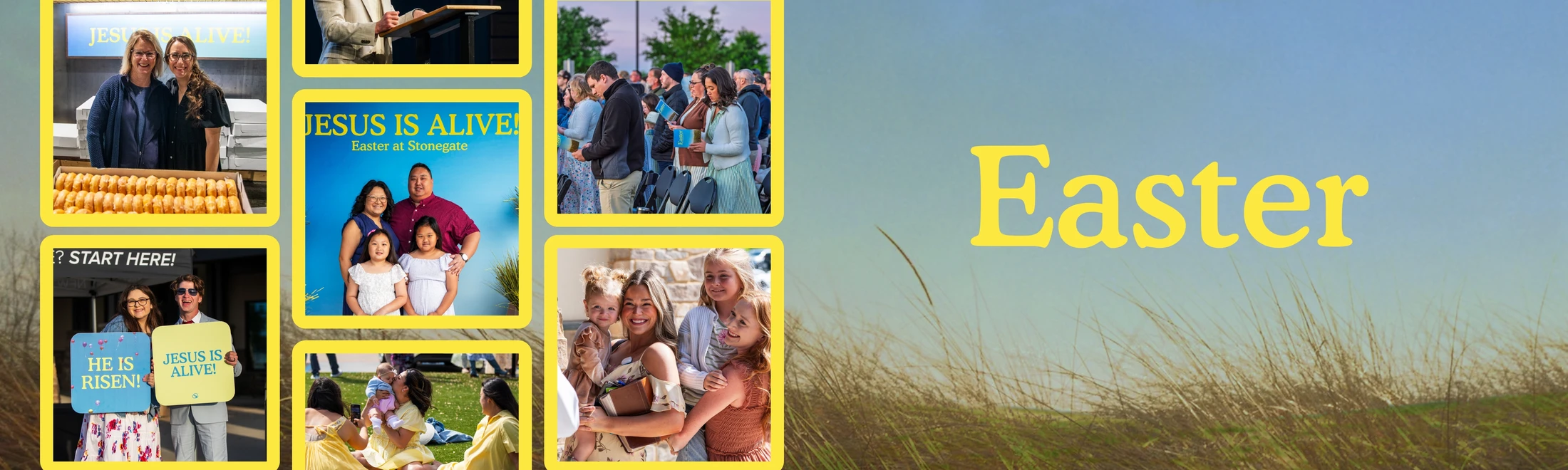 A collage of photos from a church Easter celebration, showing families, worshipers, and volunteers. The word 'Easter' is displayed prominently.