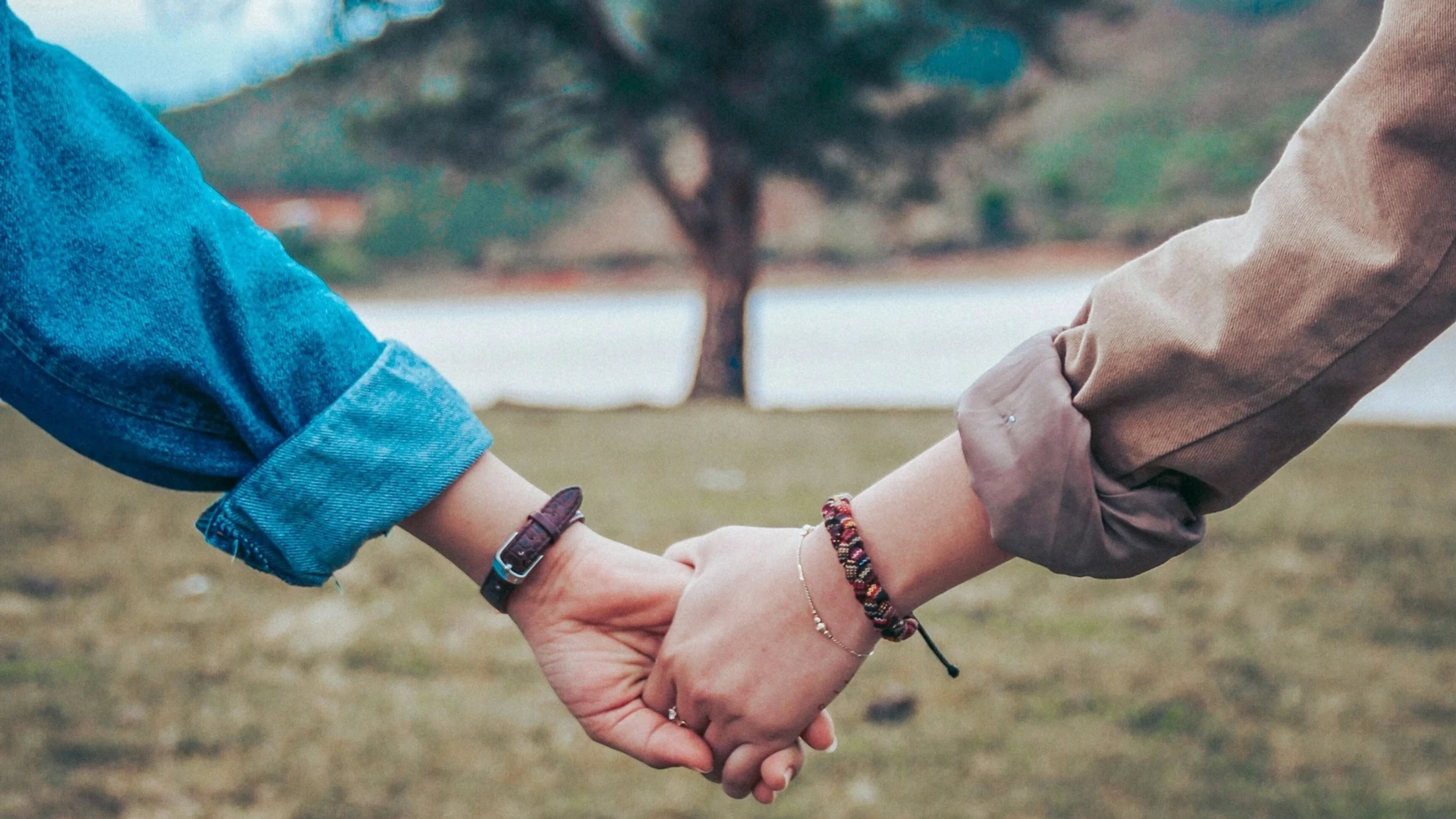 A close-up shot of two people holding hands. One person wears a denim jacket and the other a brown jacket, with a tree in the blurry background.