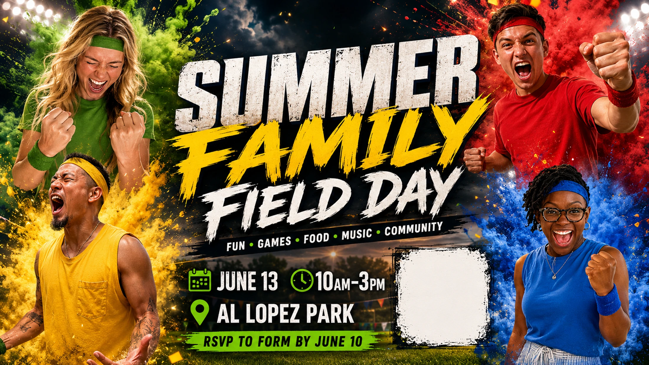 A promotional flyer for a Summer Family Field Day event, featuring four diverse people in athletic gear celebrating amidst colorful powder explosions.