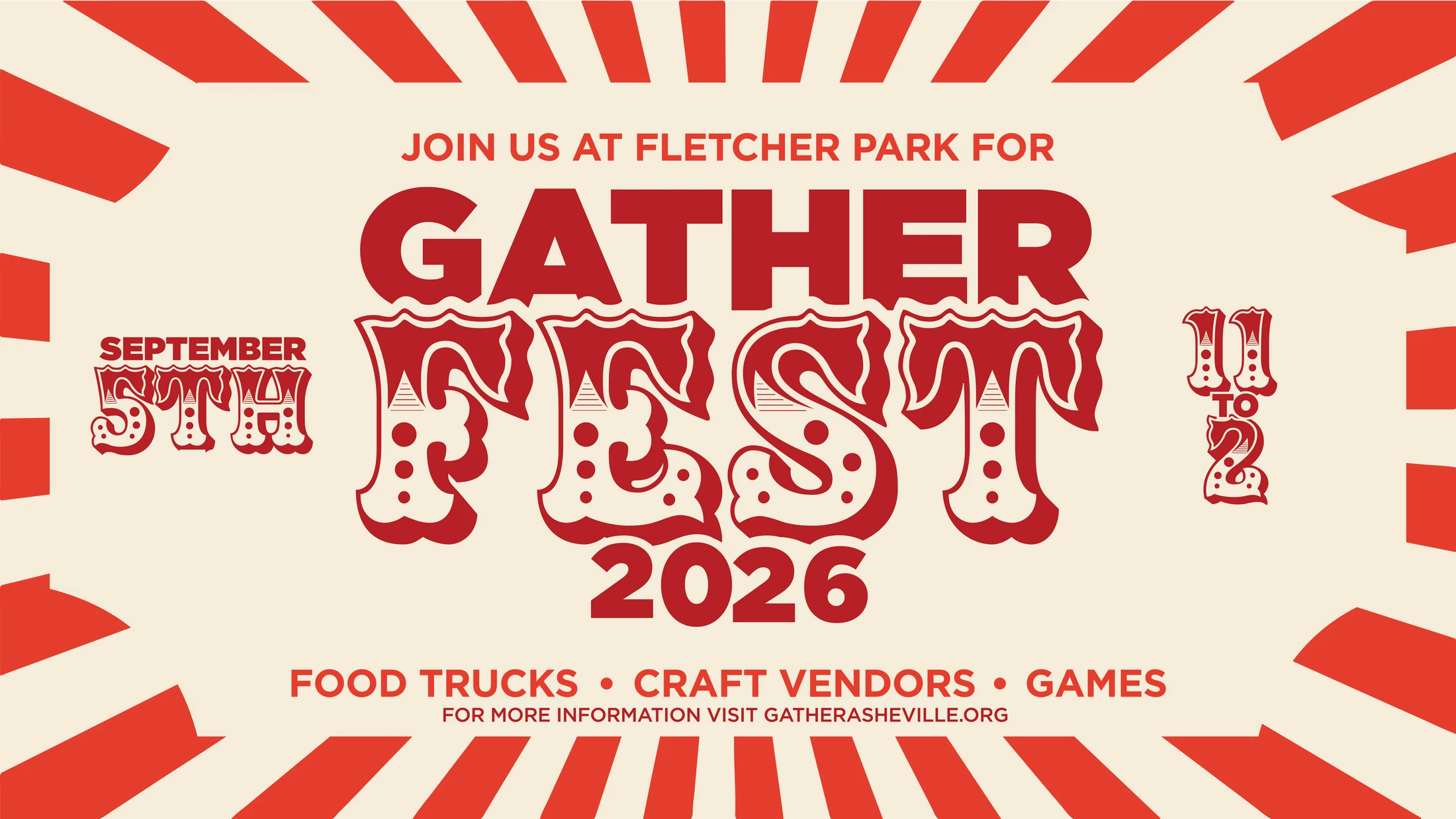 A red and cream promotional graphic for Gather Fest 2026 on September 5th at Fletcher Park. The event features food trucks, craft vendors, and games.