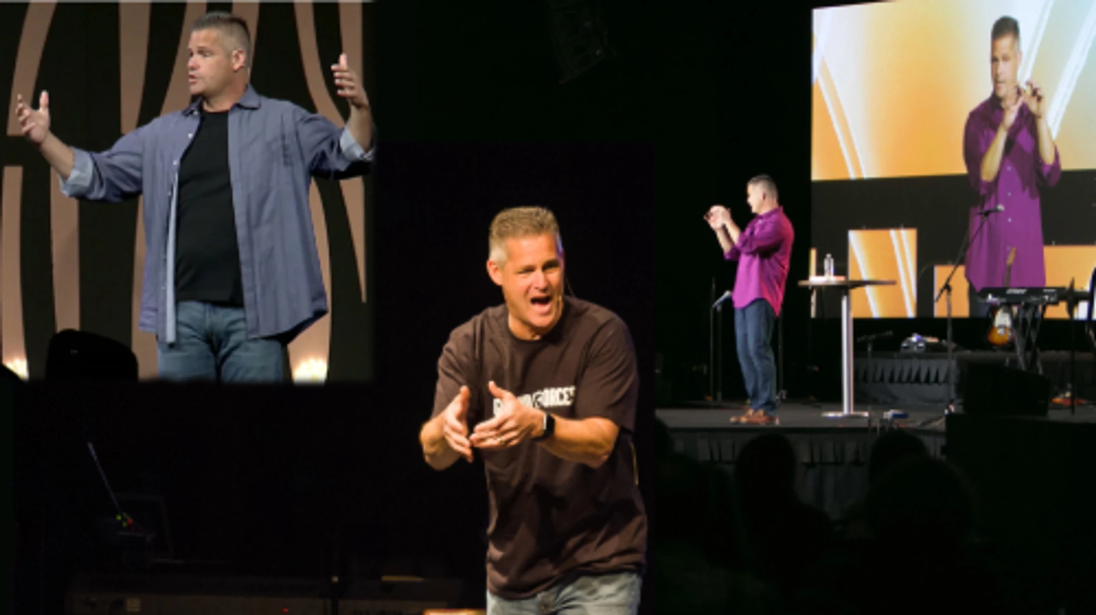 A collage showing a man with short gray hair speaking on a stage. He is featured in different outfits and poses, gesturing passionately to an unseen audience.