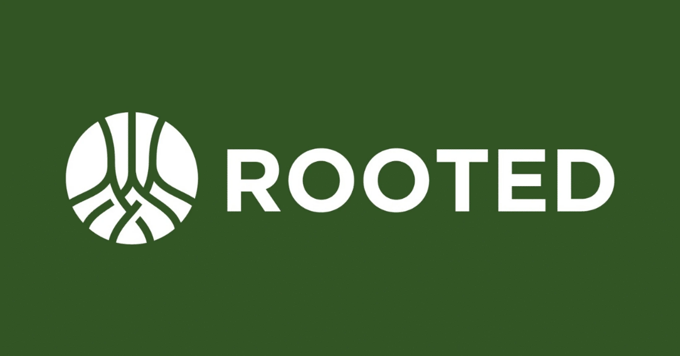 The word 'ROOTED' in white, bold, capital letters next to a white circular icon with an abstract root design, on a solid dark green background.