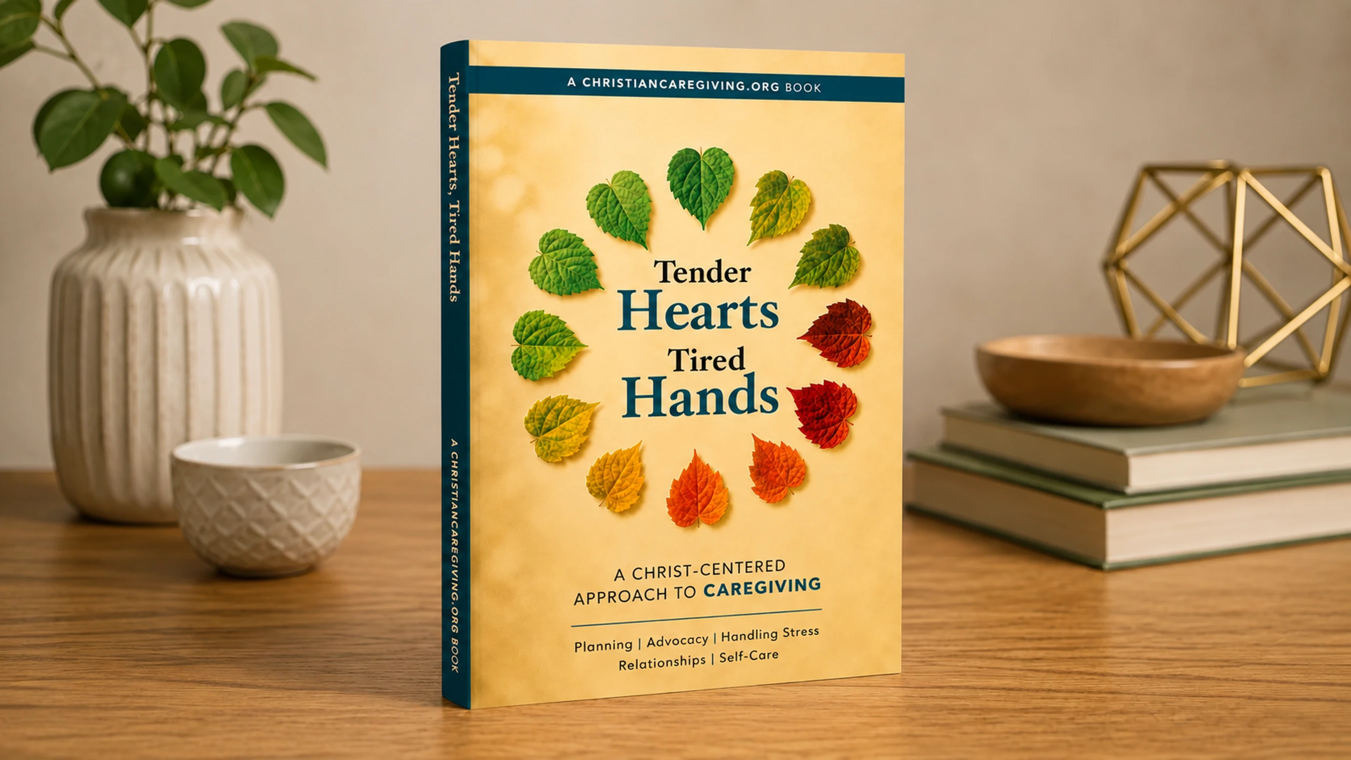 The book 'Tender Hearts Tired Hands' about caregiving is displayed standing up on a wooden desk next to a plant in a vase and other decorative objects.