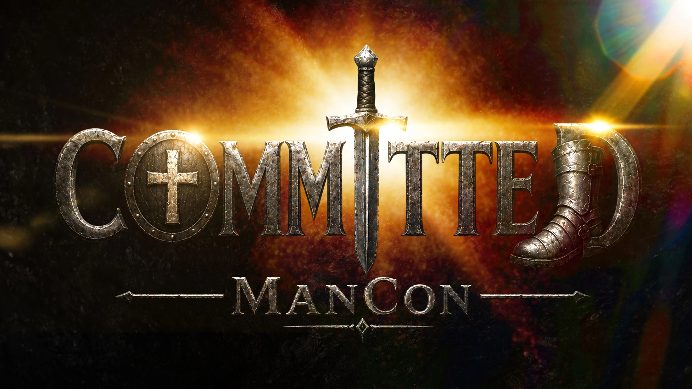 The word COMMITTED in a metallic, medieval font. The O is a shield with a cross, the I is a sword, and the D is an armored boot, over the text MANCON.