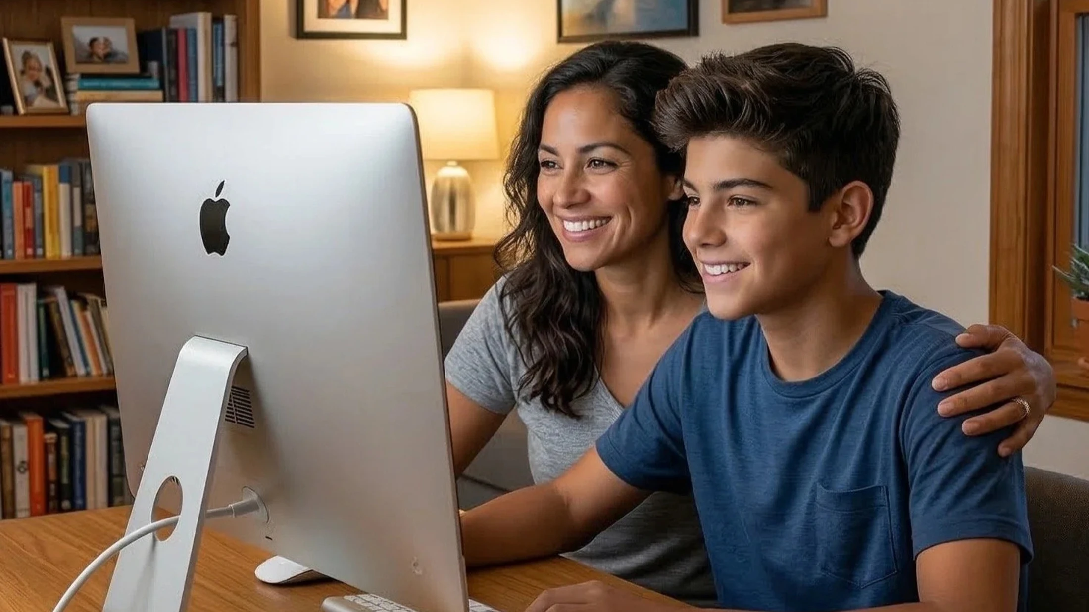 A smiling mother has her arm around her teenage son's shoulder as they both look at an Apple iMac computer screen in a cozy home office.