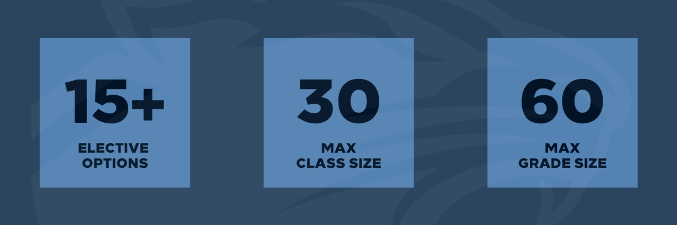 A dark blue graphic with three light blue boxes showing school stats: 15+ elective options, 30 max class size, and 60 max grade size.