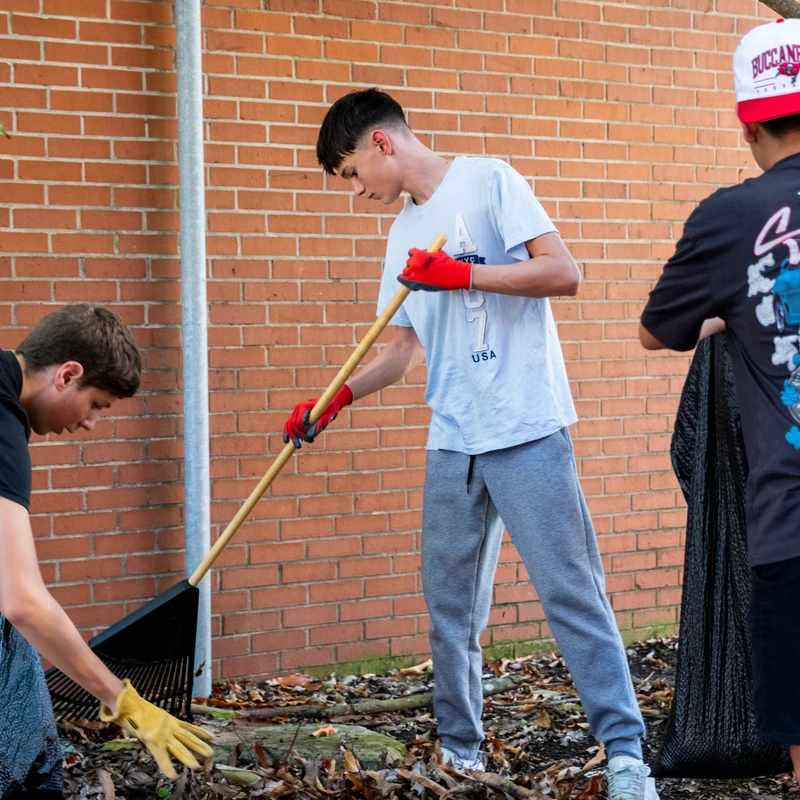 Three young men work together outdoors, raking and bagging fallen leaves against a brick wall, as part of a cleanup project.