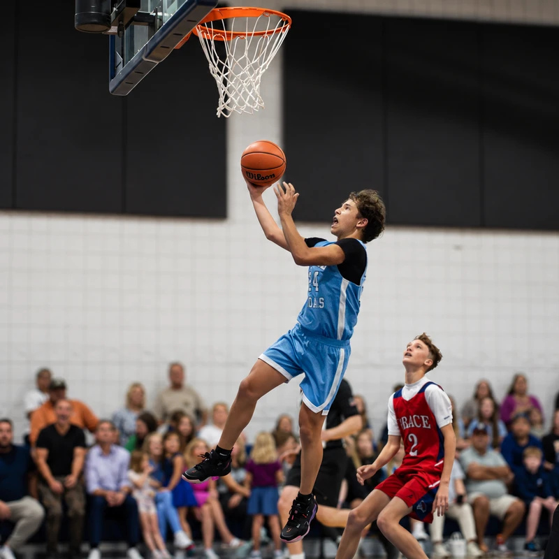 A young basketball player in a light blue uniform jumps towards the hoop to make a layup during a game as two opposing players in red watch.