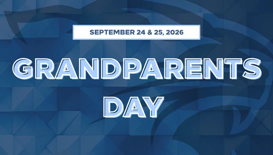 A graphic announcing Grandparents Day on September 24 and 25, 2026. The text is over an abstract blue background with a faint panther head logo.