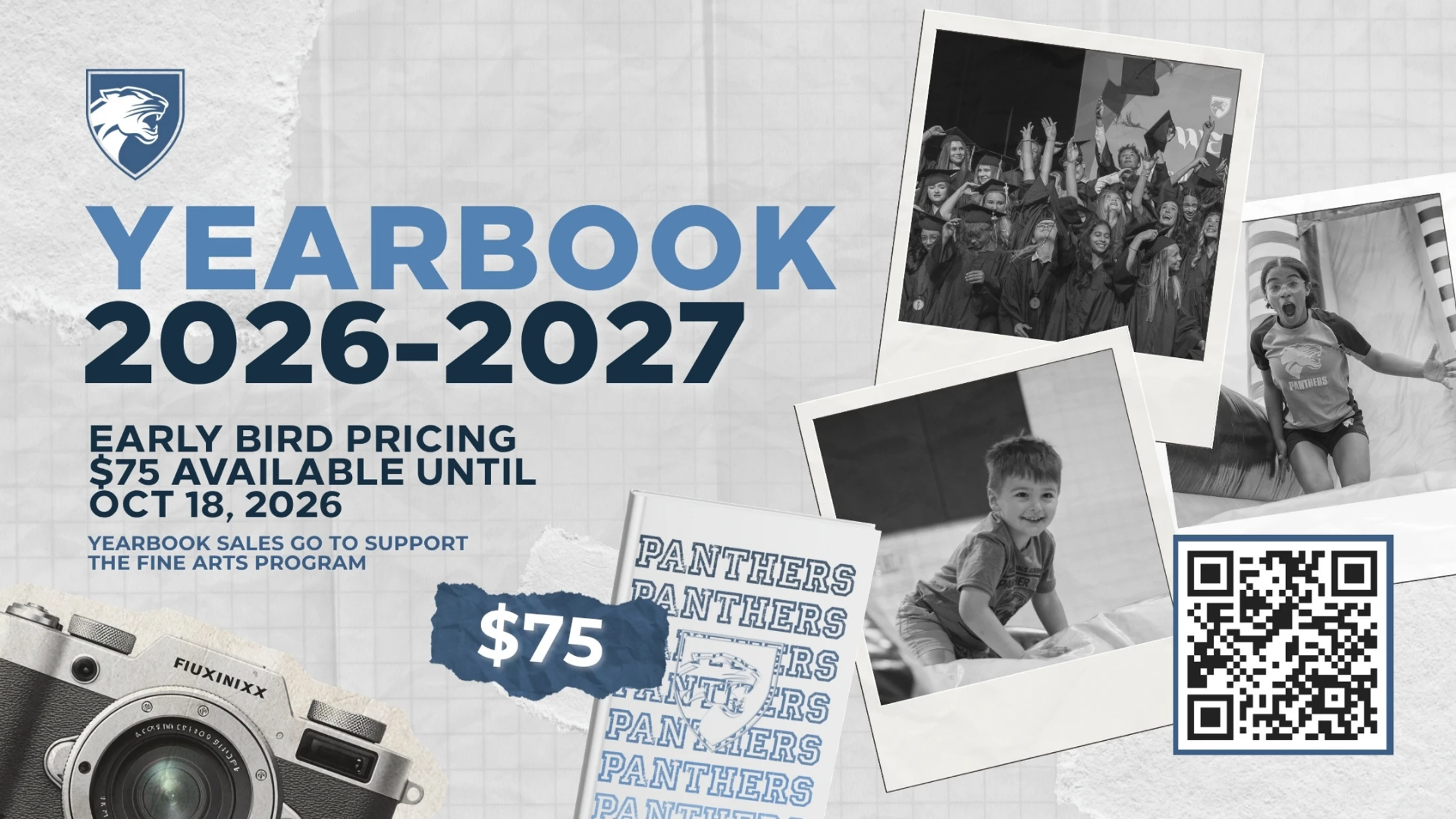 An advertisement for a school yearbook for 2026-2027 with early bird pricing of $75 until Oct 18, 2026. Includes photos of students and a QR code.