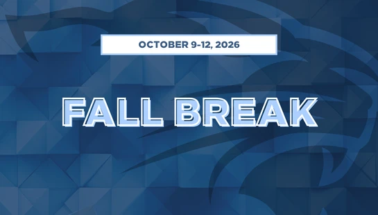 Graphic announcing Fall Break from October 9-12, 2026. The text is light blue and white over a blue geometric background with a faint logo.