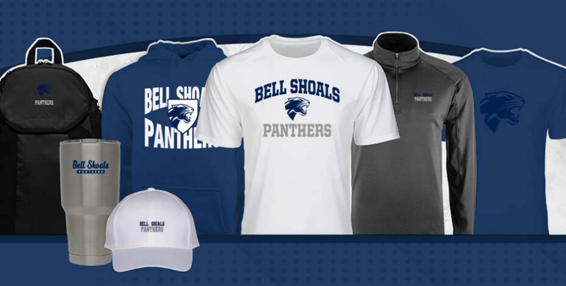 A collection of Bell Shoals Panthers team merchandise, including t-shirts, a hoodie, a pullover, a backpack, a tumbler, and a baseball cap.