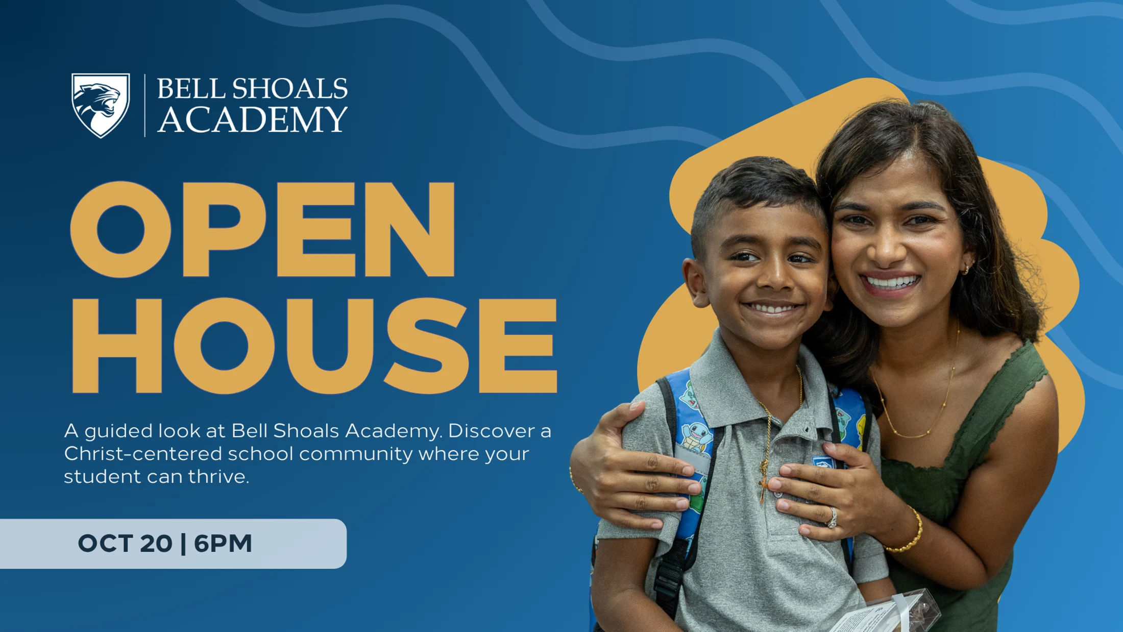 An ad for Bell Shoals Academy Open House featuring a smiling mother and son. Event details: October 20th at 6 PM.