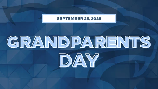 A graphic announcing Grandparents Day on September 25, 2026, with light blue text over a dark blue geometric background featuring a faint panther logo.