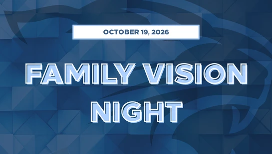 A graphic announcing 'Family Vision Night' on October 19, 2026. The text is light blue with a white outline over a dark blue geometric background.