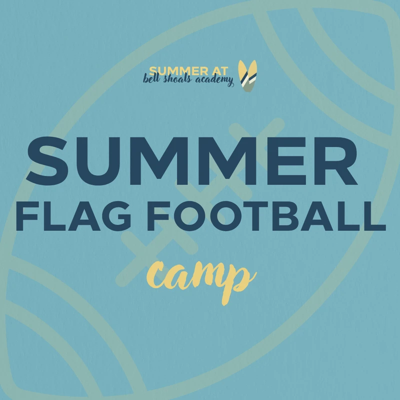 A graphic announcement for a Summer Flag Football Camp. The text is on a light blue background with a faint outline of a football.