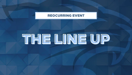 A blue graphic with a geometric background. Text reads 'Reoccurring Event' in a white box above the larger words 'The Line Up'.