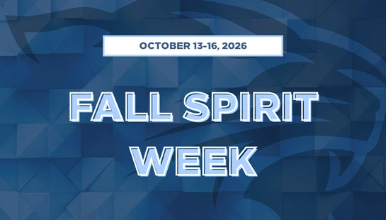 A blue graphic with the words "Fall Spirit Week" and dates "October 13-16, 2026" on a geometric background with a faint mascot logo.
