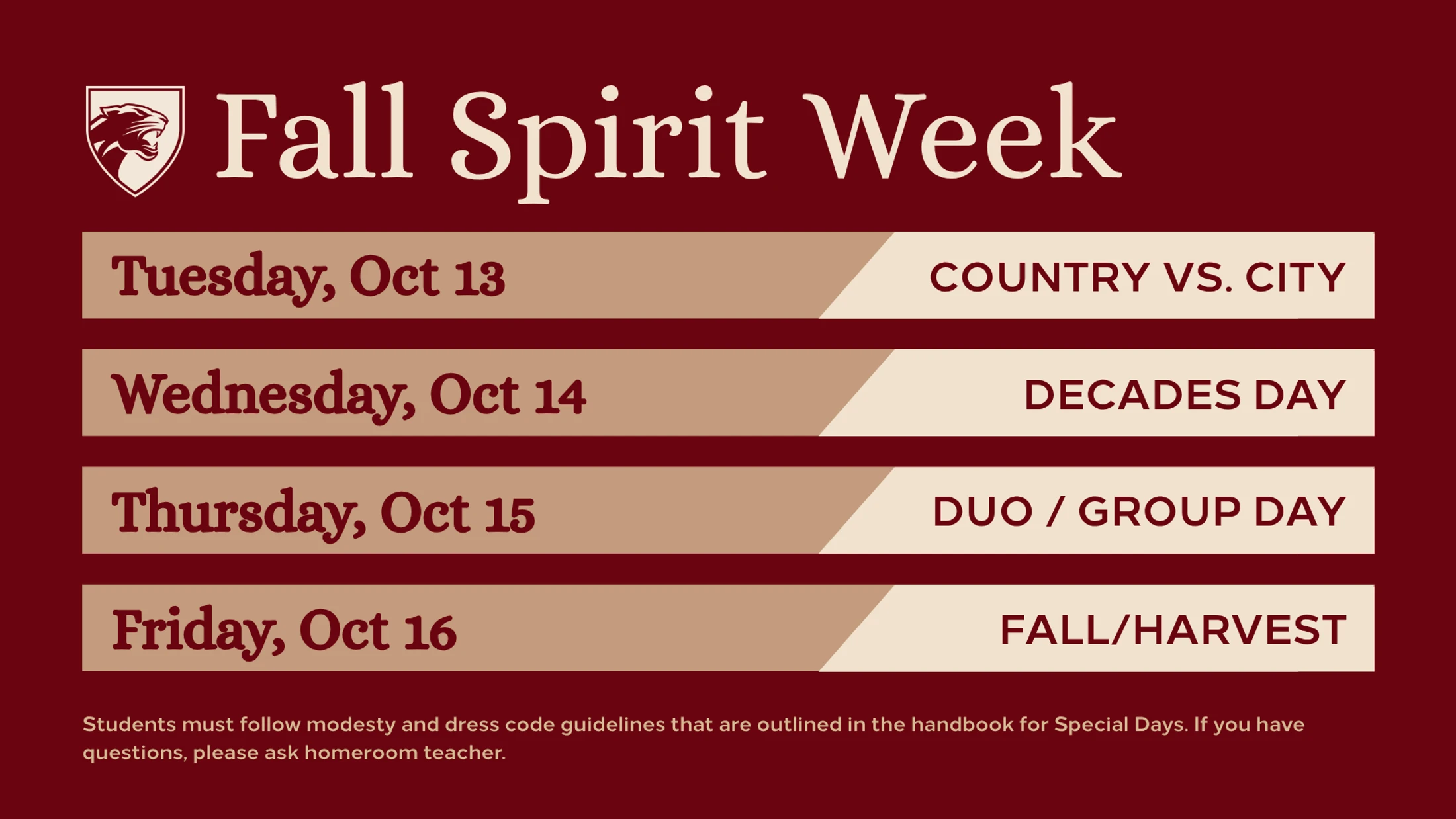 A maroon graphic for Fall Spirit Week, listing themes from Oct 13-16: Country vs. City, Decades Day, Duo/Group Day, and Fall/Harvest.