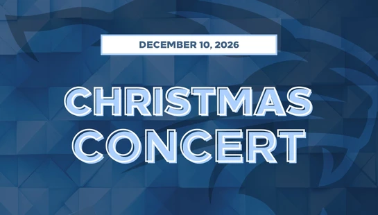A graphic announcing a Christmas Concert on December 10, 2026. The text is light blue with a white outline over a dark blue geometric background.