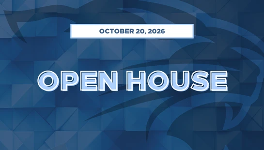 A blue graphic announcing an Open House on October 20, 2026. The text is styled in large, light blue letters over a dark blue geometric background.