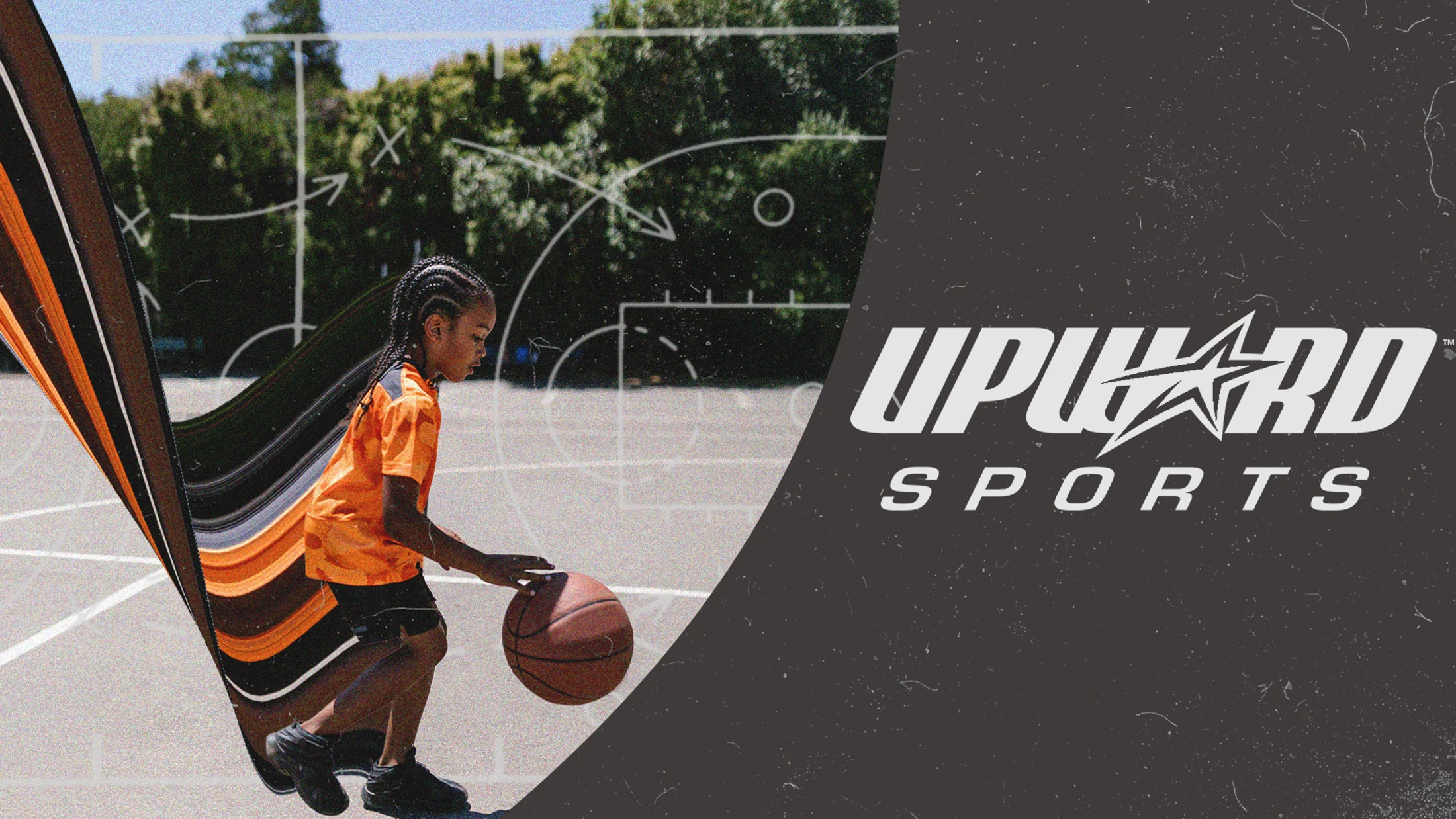 A young girl in an orange jersey dribbles a basketball on an outdoor court. The Upward Sports logo is on the right with a play diagram overlaid.