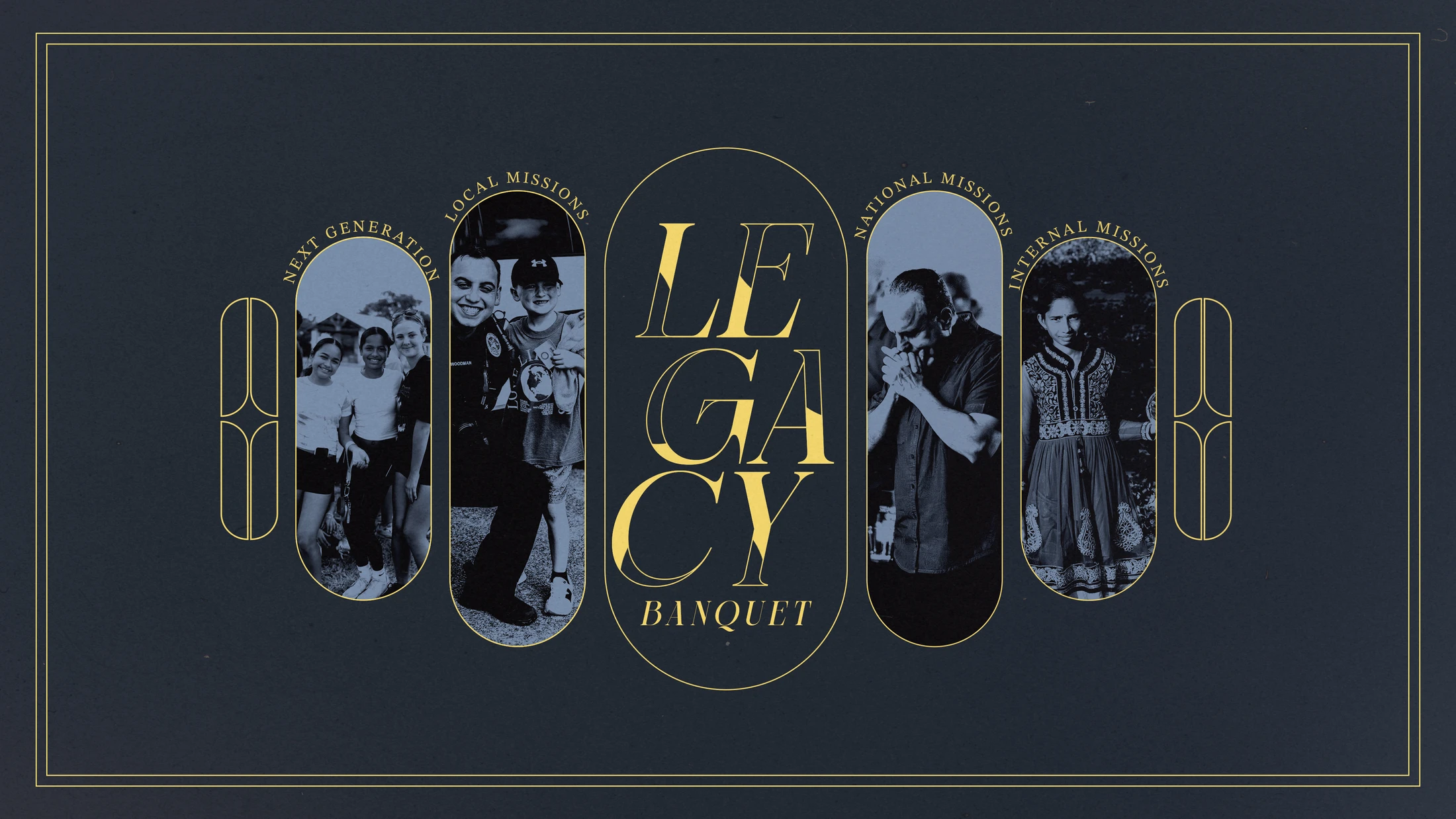 A dark blue graphic for a 'Legacy Banquet' with gold text. Four ovals contain blue-tinted photos representing different missions.