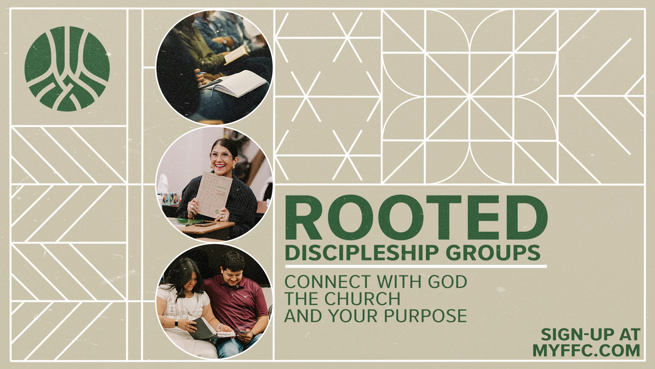 A promotional graphic for Rooted Discipleship Groups with photos of people in community. Text reads 'Connect with God, the Church, and Your Purpose'.