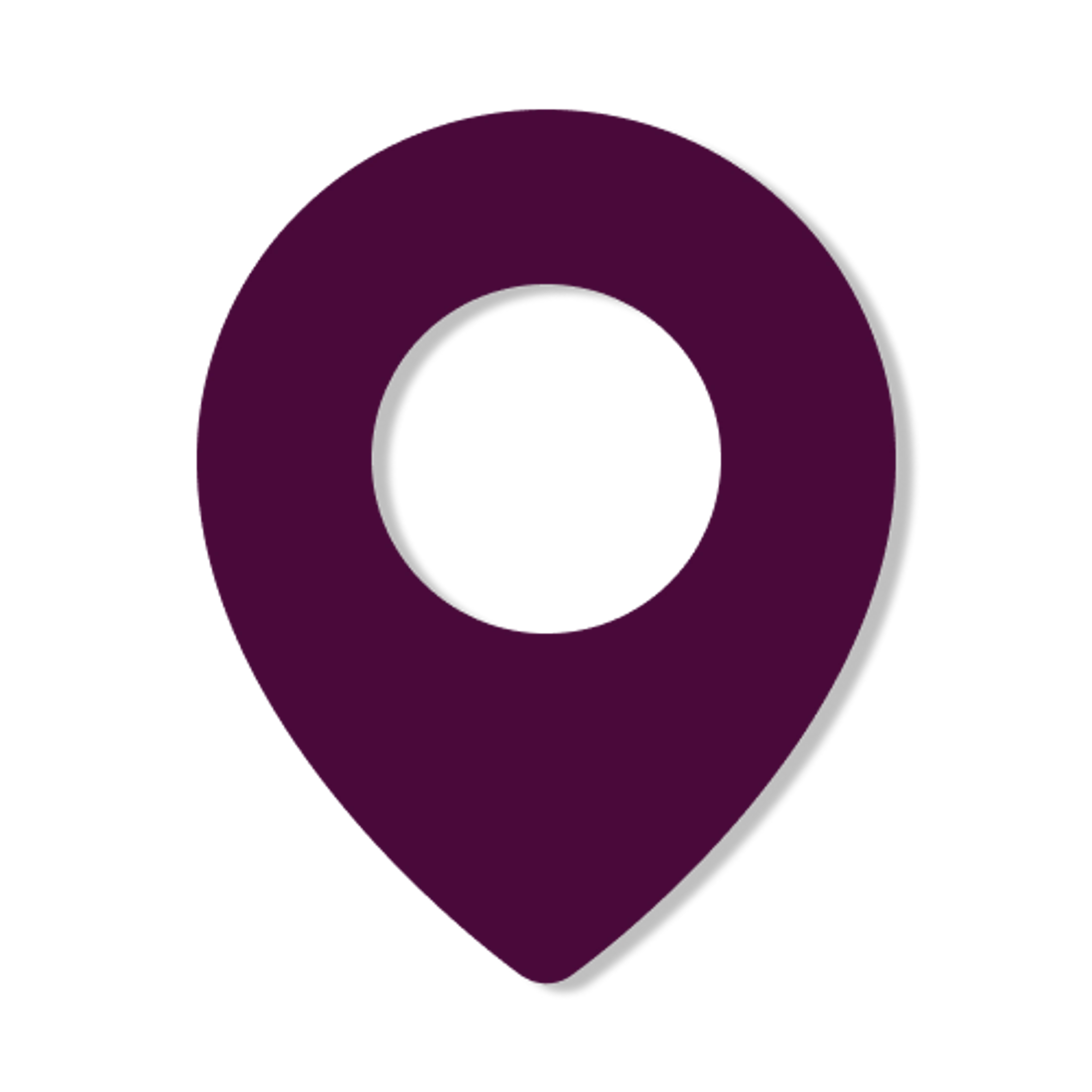 A dark purple map pin icon with a circular cutout in the middle and a subtle drop shadow, isolated on a white background.