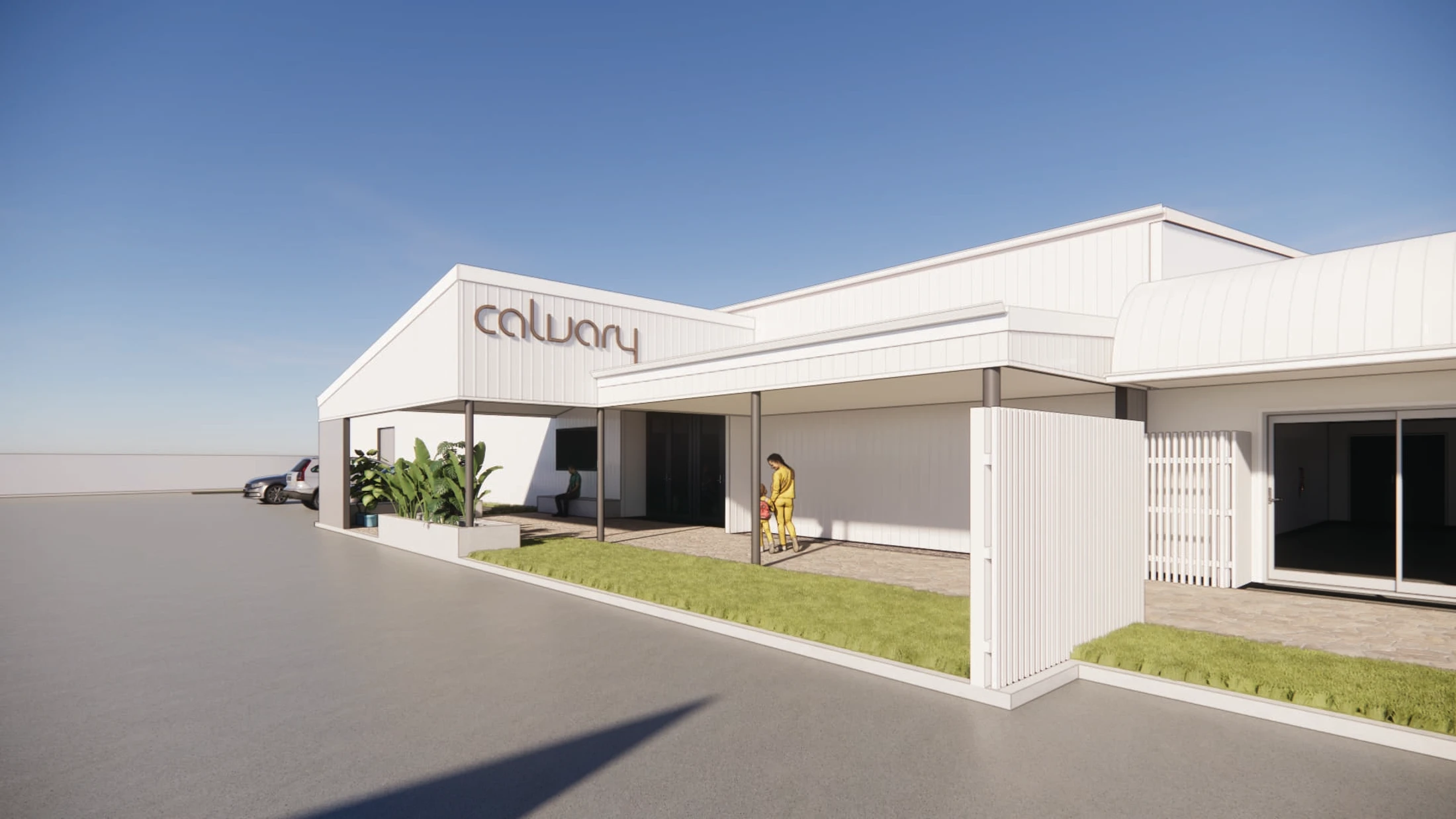 A 3D rendering of a modern, single-story white building with 'Calvary' on the facade. People stand near the covered entrance under a clear blue sky.