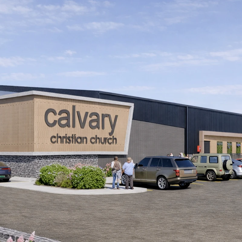 An architectural rendering of the modern Calvary Christian Church building. Cars are parked in the lot, and people walk towards the entrance on a sunny day.