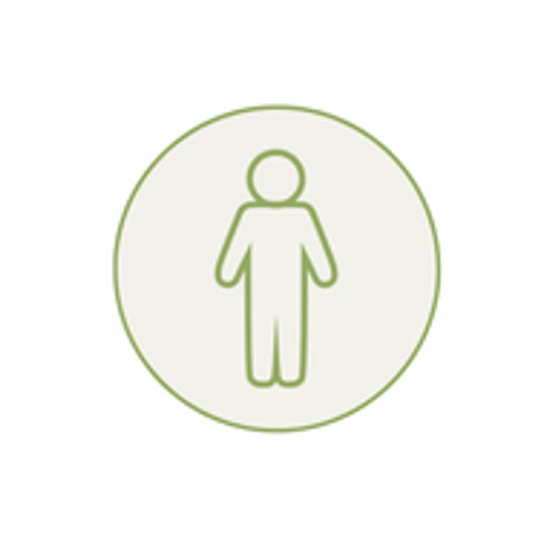 A simple green line art icon of a generic human figure standing inside a light-colored circle on a white background.