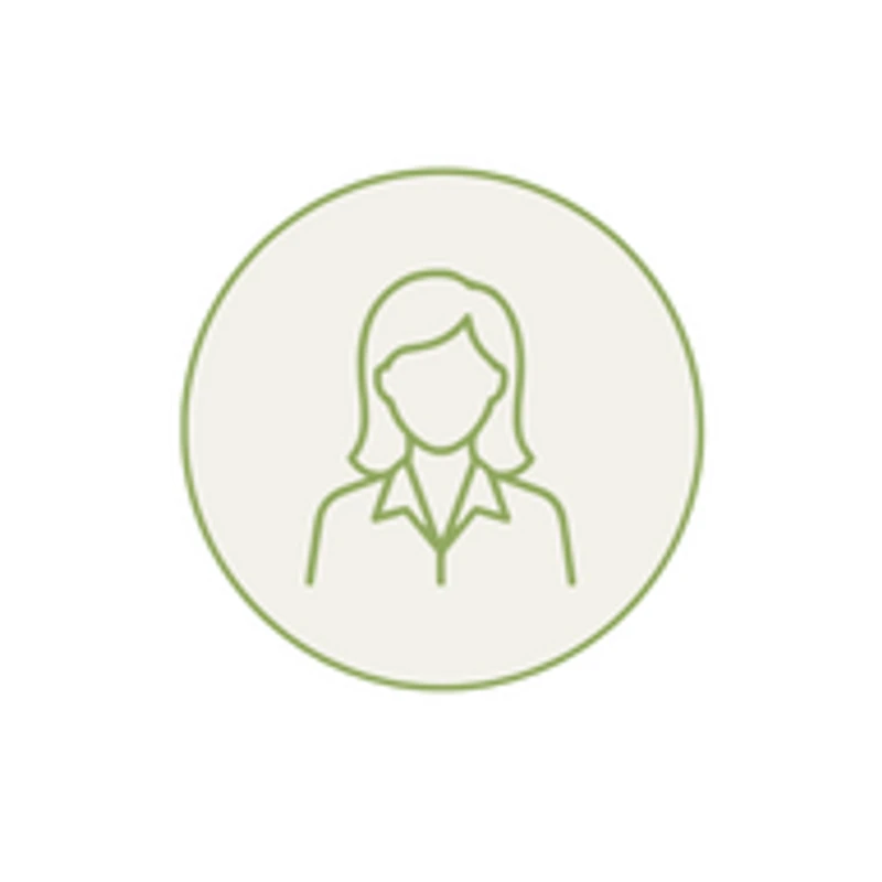 A simple green line art icon of a woman with shoulder-length hair and a collared shirt, enclosed within a light-colored circle.