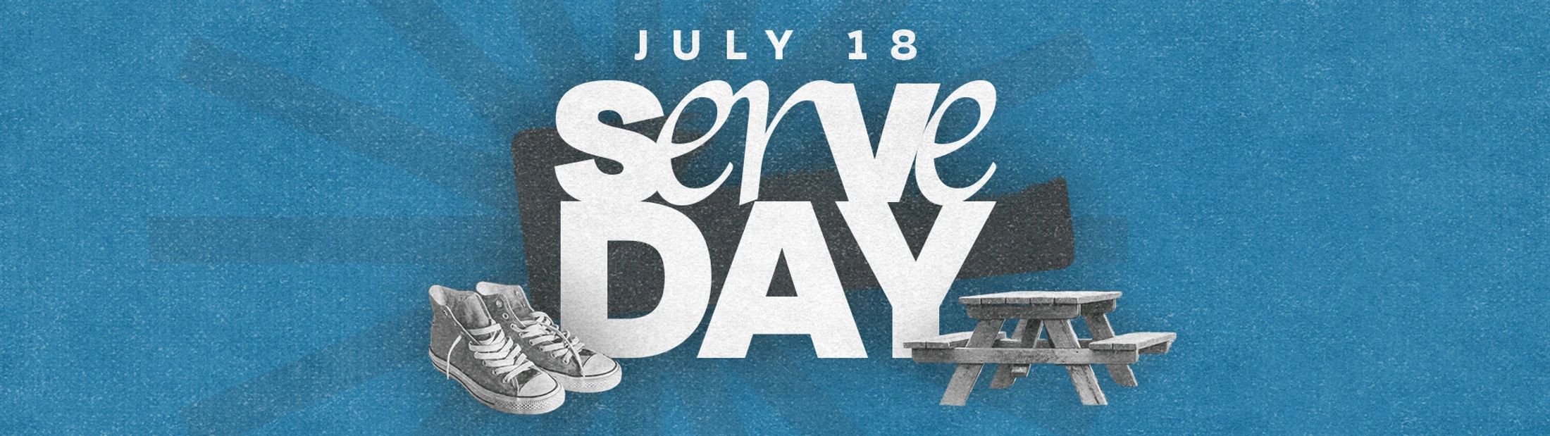 A blue textured banner with the words 'July 18 Serve Day' in white, flanked by an illustration of sneakers and a picnic table.