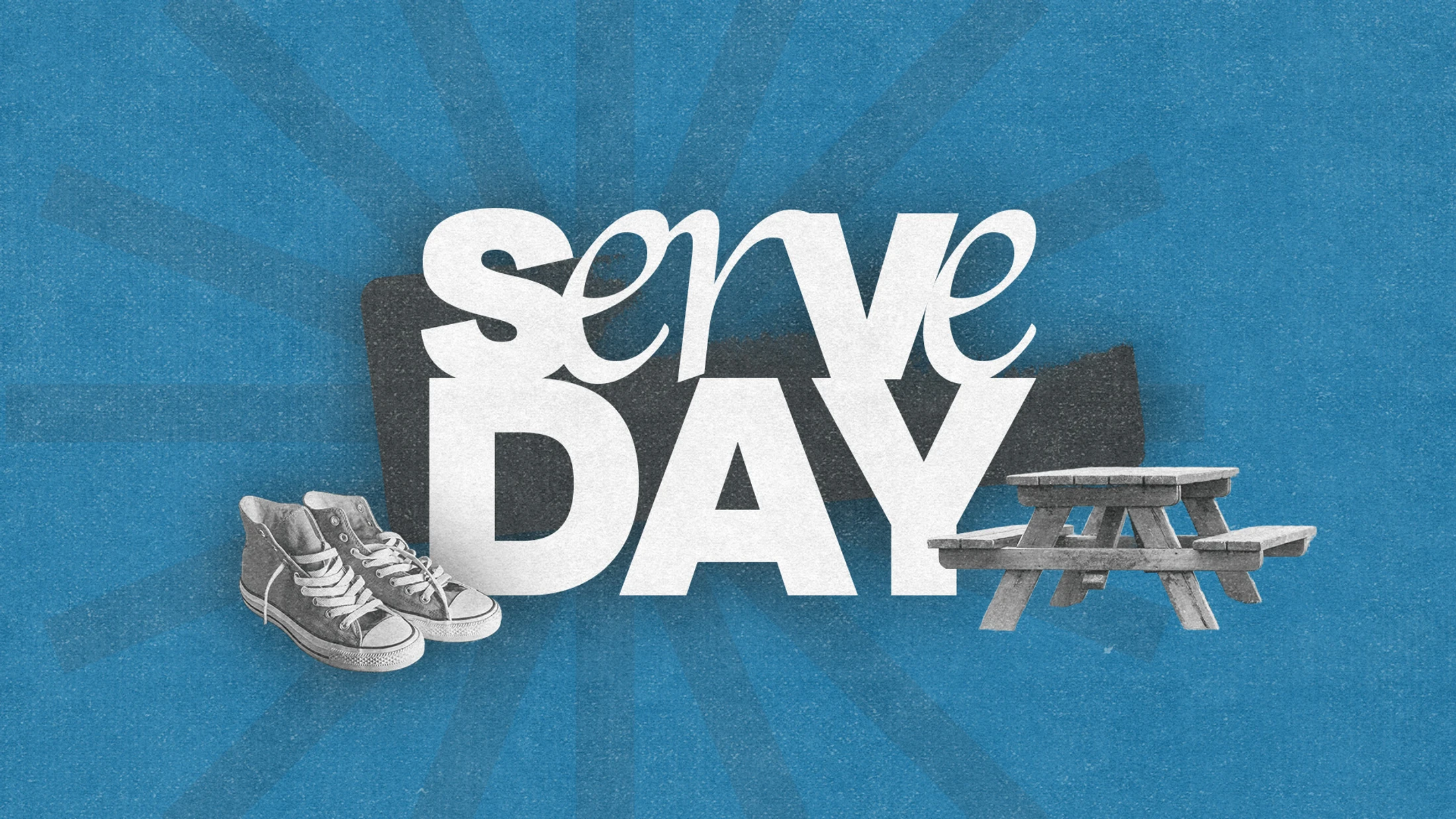A graphic that says 'Serve Day' in large white text on a blue background, flanked by illustrations of sneakers and a picnic table.