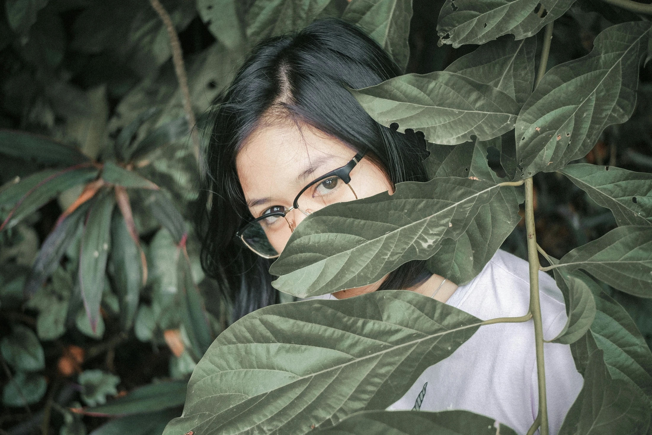 A young woman with black hair and glasses peers through large, muted green leaves, looking directly at the camera.