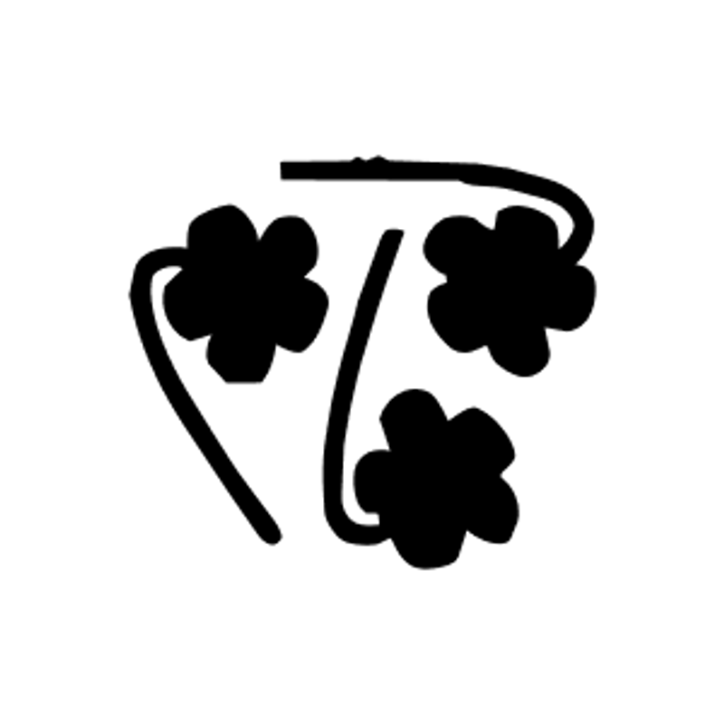 A simple black and white graphic showing three stylized four-leaf clovers with curved stems against a plain white background.