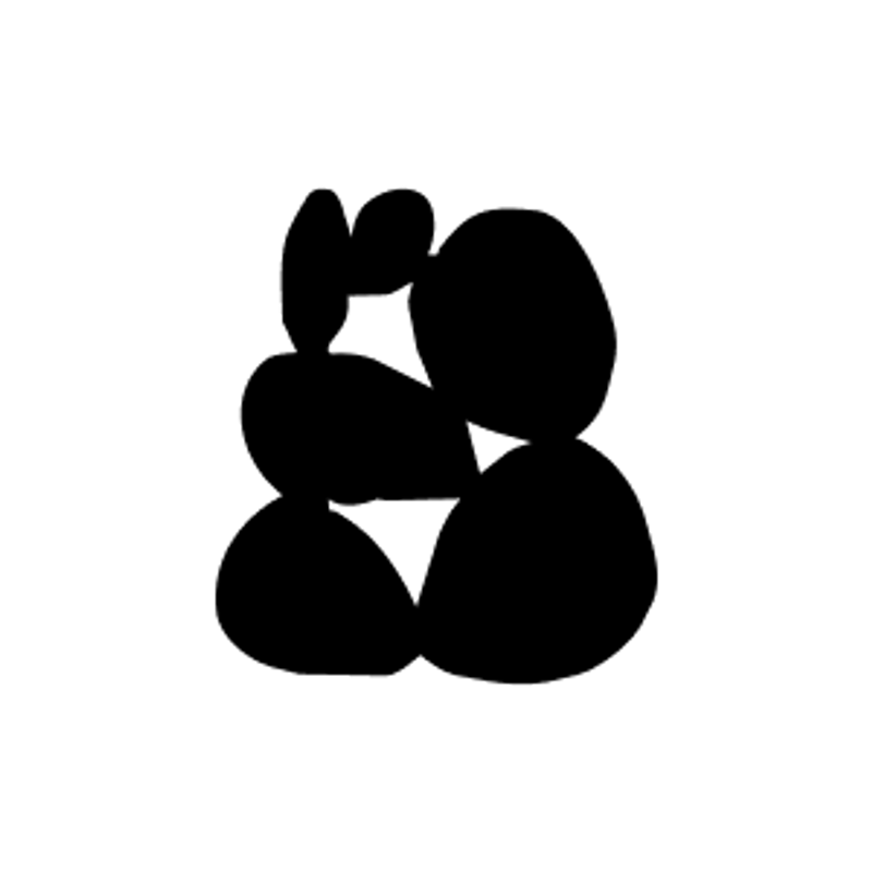 A simple black and white graphic of several rounded, organic black shapes stacked vertically, resembling a cairn of balanced stones on a white background.