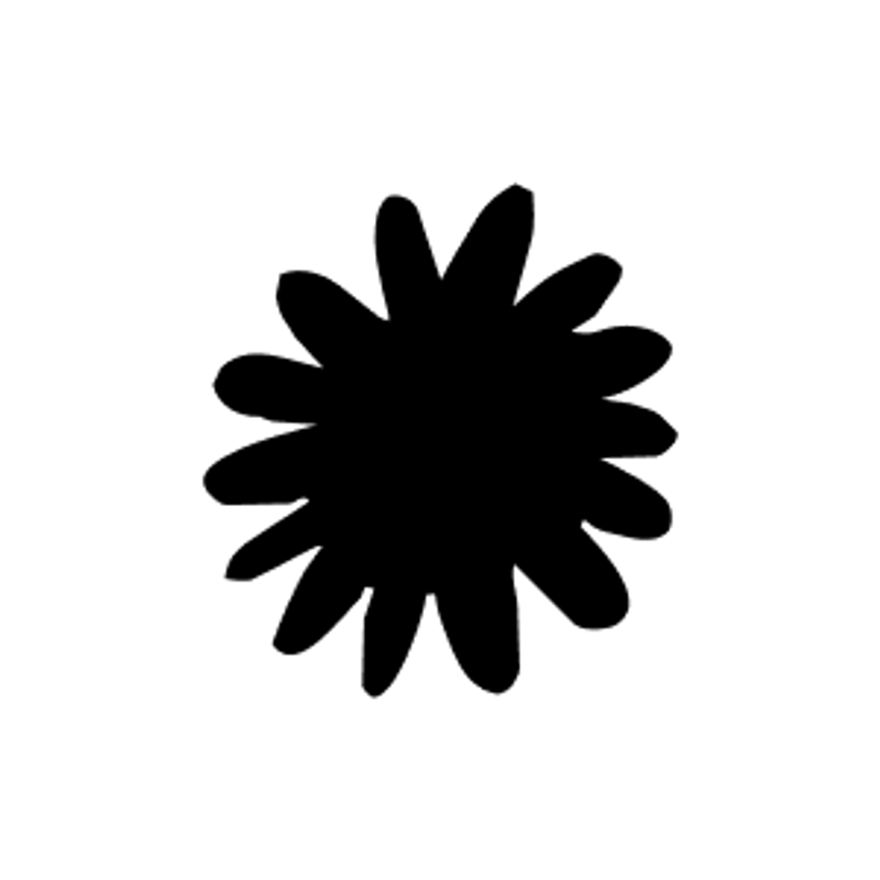 A simple black silhouette of a flower or sunburst with numerous rounded, irregular petals on a solid white background.