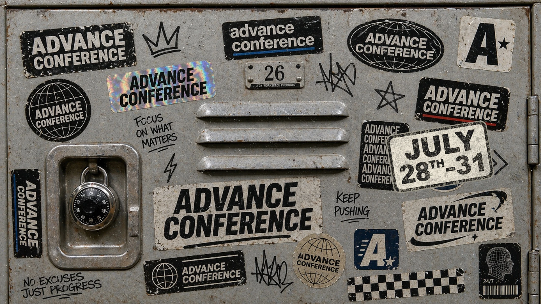 A gray metal locker door covered in worn 'Advance Conference' stickers, motivational phrases, and graffiti, with a combination lock on the handle.