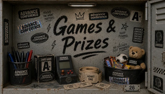 The inside of a metal locker decorated with stickers, displaying prizes like a teddy bear, candy, and retro games, with 'Games & Prizes' written on the back.