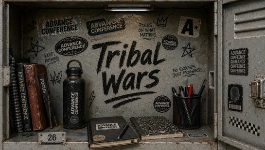 The inside of a worn metal locker decorated with 'Tribal Wars' and 'Advance Conference' stickers, containing books, notebooks, and a water bottle.