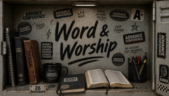Inside a metal locker with 'Word & Worship' written on the back. A shelf holds a Holy Bible, journals, an open book, and a mug, all surrounded by stickers.