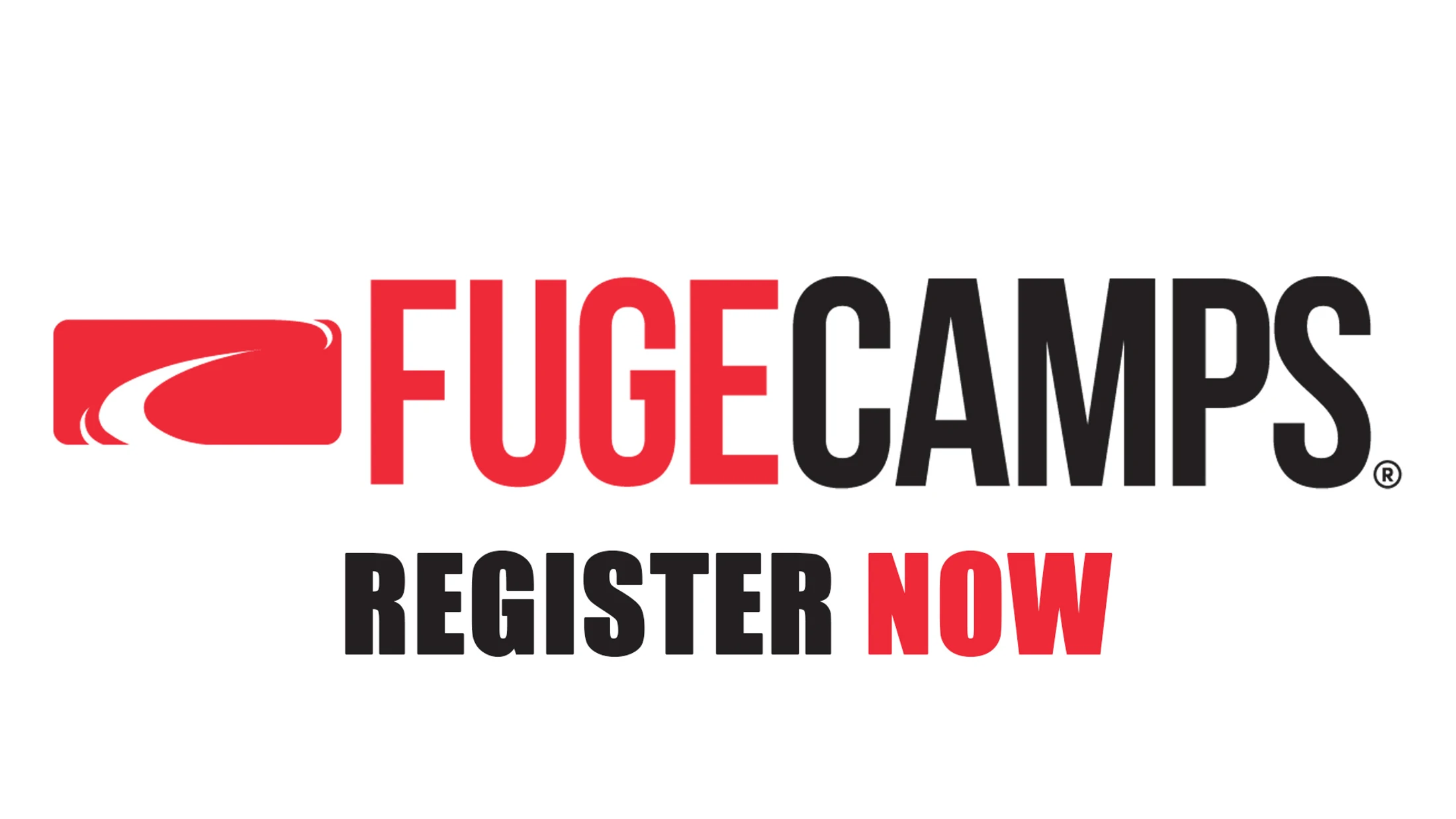 The Fuge Camps logo in red and black text on a white background. Below the logo are the words 'Register Now' in black and red.