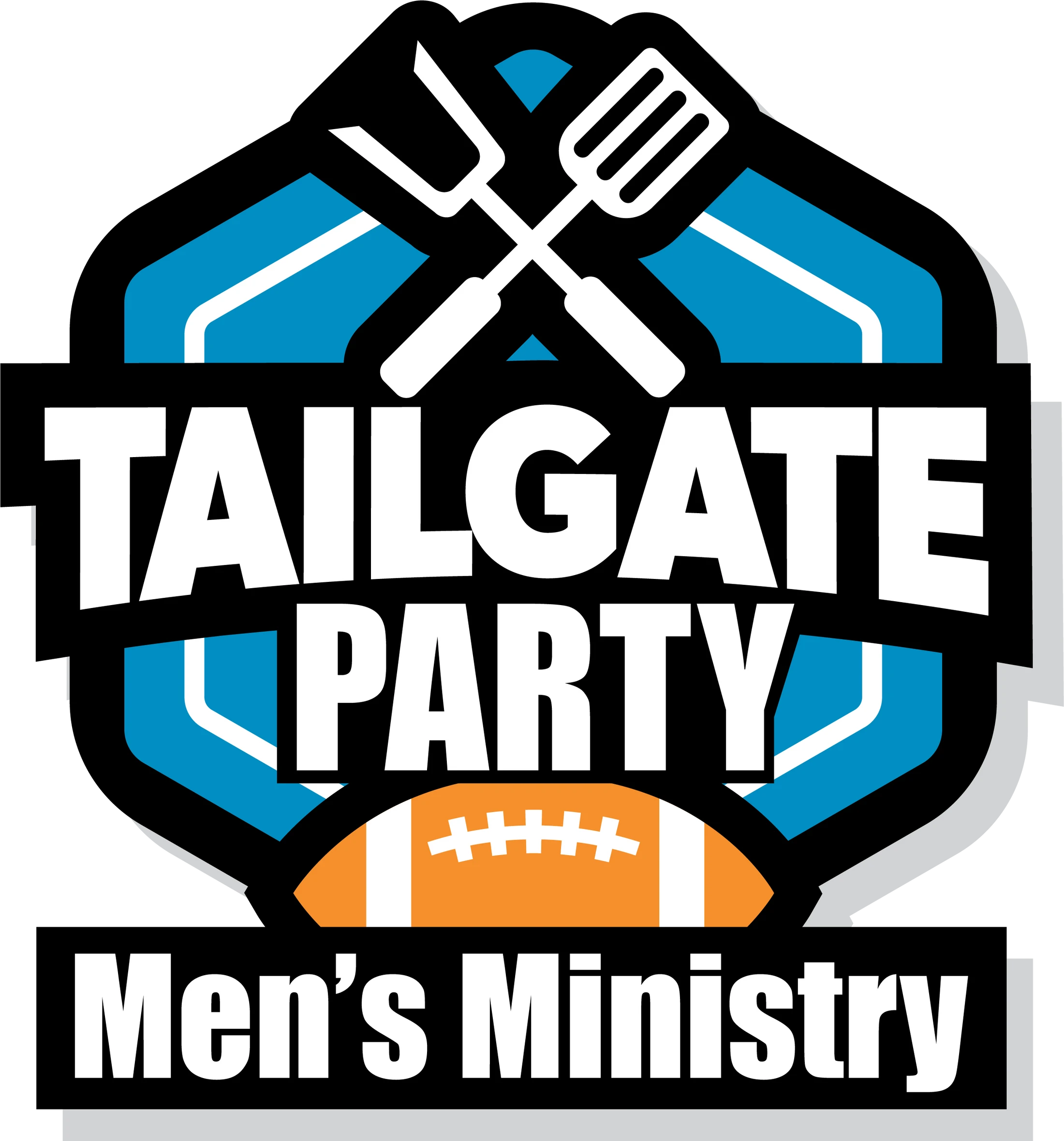 A logo for a Men's Ministry Tailgate Party featuring a football, crossed grilling tools, and bold text on a blue and black shield.