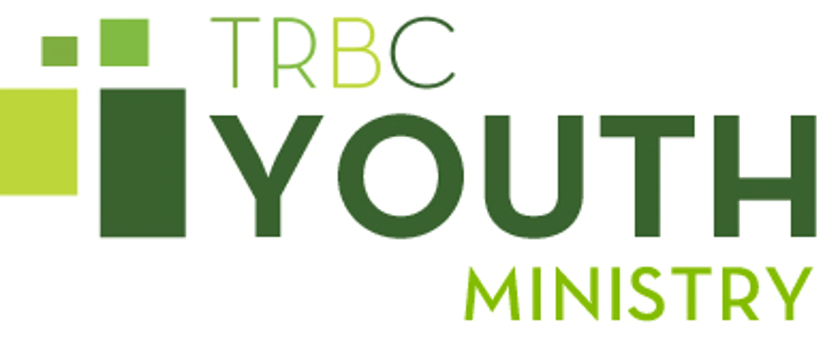 The logo for TRBC Youth Ministry. The text is in shades of green, next to an abstract cross made of green squares on a white background.